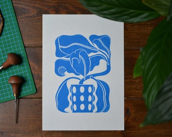 Grabado en linóleo de la planta "Calathea azul" Impresión en linóleo
