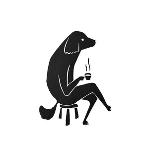 May include: Black and white illustration of a dog sitting on a stool and holding a cup of coffee. The dog has a long tail and is wearing a relaxed expression.