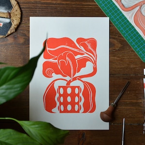 Linolschnitt Pflanze "red Calathea" Linoldruck