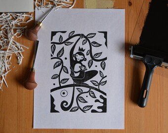 linocut "monkey mama" linoprint