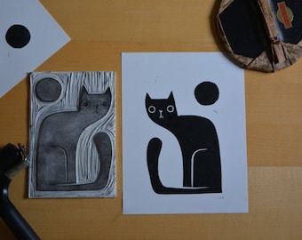 Linocut "Mooncat" linoprint