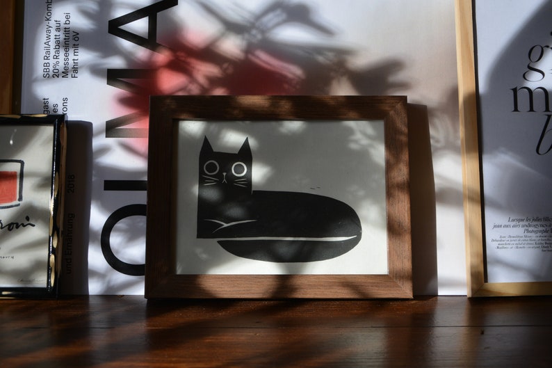 Linocut flat cat linoprint image 2