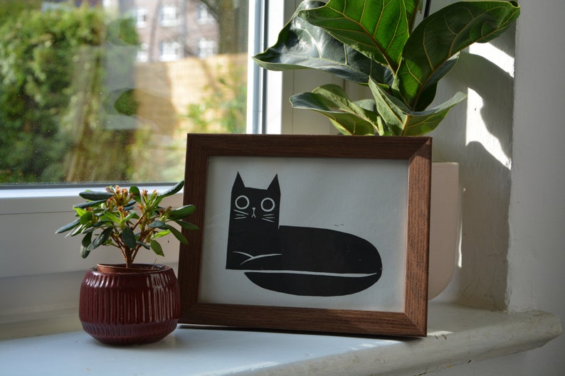 Linocut flat cat linoprint image 6