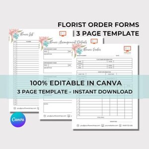 Florist Order Form Template (3 Pages) | Editable in Canva | Custom Printable | Instant Download