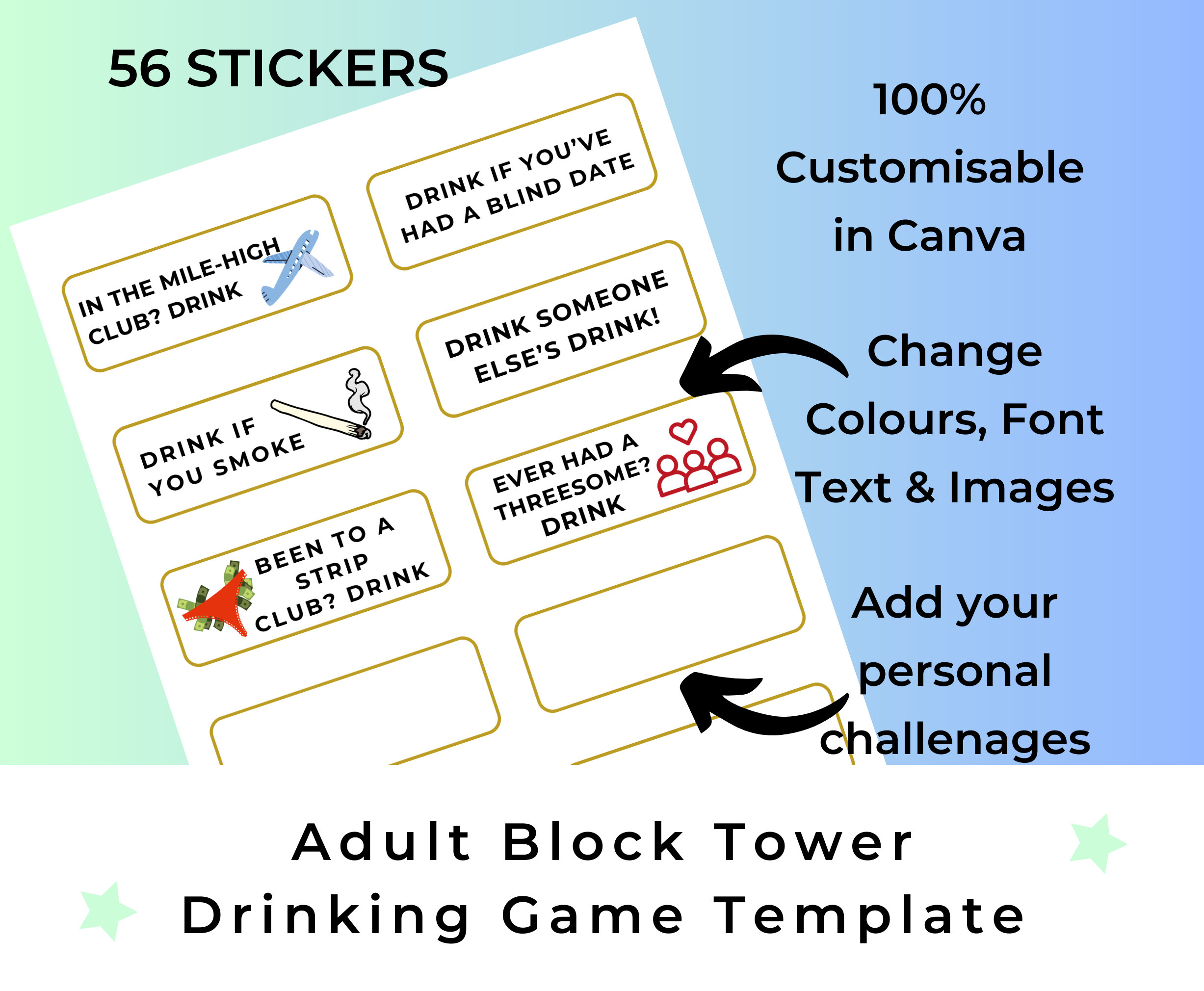 Adult Jenga Stickers Template, Edit in Canva. Drinking Jenga Game Outdoor Large 2x4 Inch