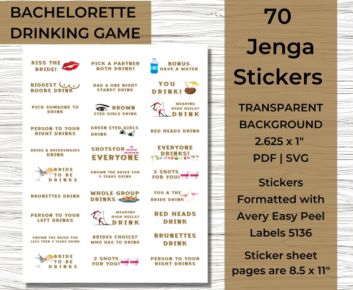 Bachelorette Jenga Drinking Game 70 Stickers Transparent Background ...