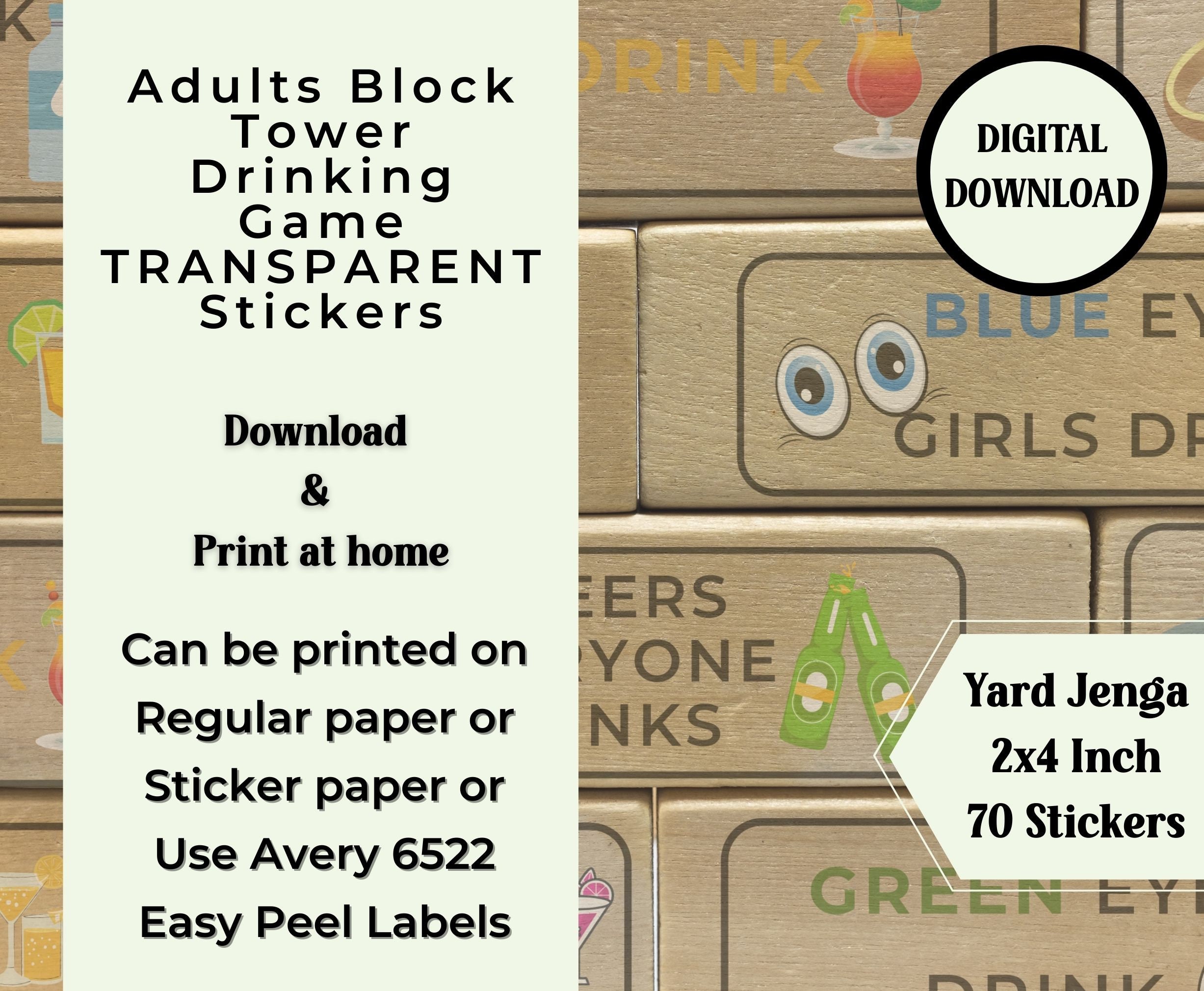 Adult Jenga 70 Stickers, Drinking Jenga Game Outdoor Large 2x4 Inch  Stickers, Transparent Background Instant Download Adult Block Tower Game 