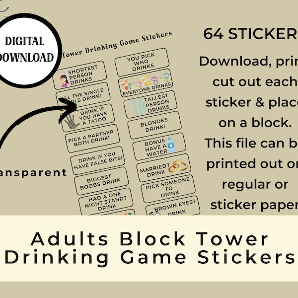 Adult Jenga Drinking Game Stickers, PDF and SVG, Transparent Background, Drinking party games Download & Print, Adult Tower Drinking Game