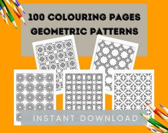 Adult Coloring Pages, 100 Page Geometric Patterns coloring Book,  Download coloring pages instantly, 100 Patterns to Color