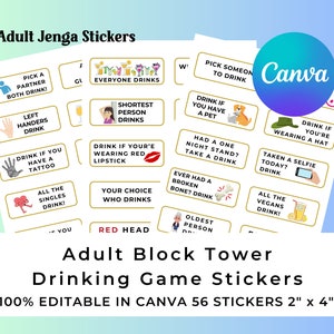 Adult Jenga Stickers Template, Edit in Canva. Drinking Jenga Game Outdoor Large 2x4 inch stickers, Instant Download Adult Block Tower Game