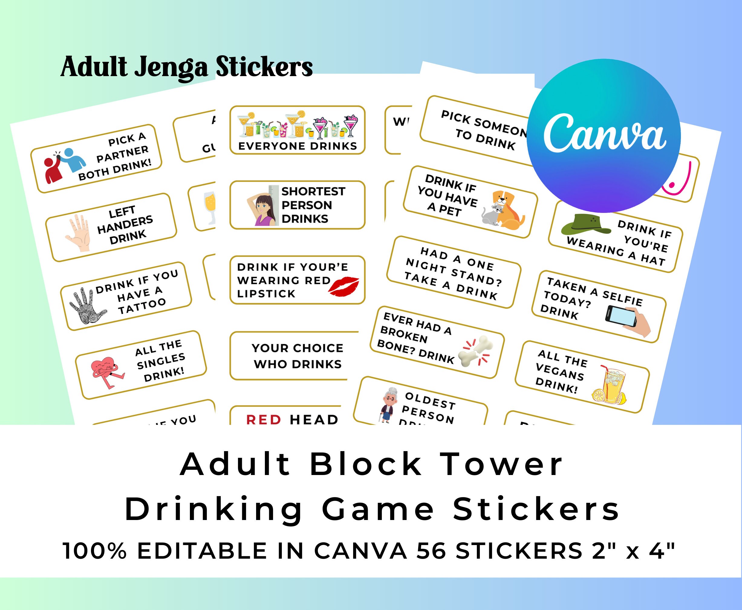 Adult Jenga Stickers Template, Edit in Canva. Drinking Jenga Game