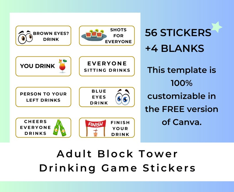 Adult Jenga Stickers Template, Edit in Canva. Drinking Jenga Game Outdoor Large 2x4 Inch