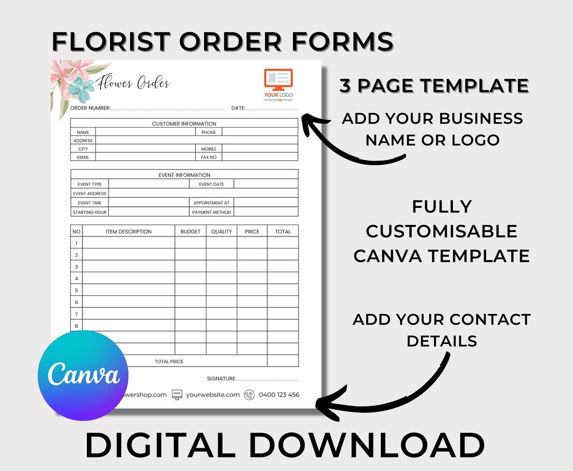 Florist Order Form Template (3 Pages) | Editable in Canva | Custom ...