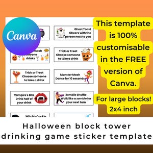 May include: A printable Halloween drinking game sticker template for a block tower game. The template includes 8 different game cards with fun Halloween-themed challenges, such as "Ghost Toast", "Monster Mash", and "Zombie Shuffle". The template is customisable and can be used for large blocks, 2x4 inches.