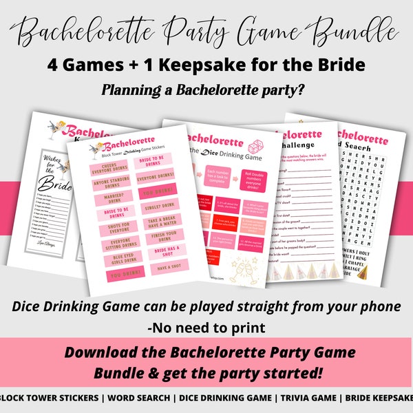 Bachelorette party game bundle, Bachelorette Jenga, Hen Party games, Word Search, Trivia Game, Bride Themed Dice Drinking Game