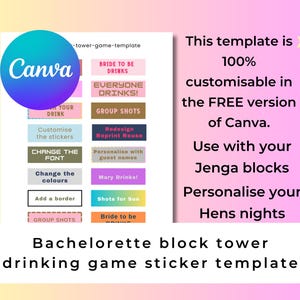 Bachelorette Drinking Game - Editable Canva Template | Block Tower Game Stickers | Instant Download