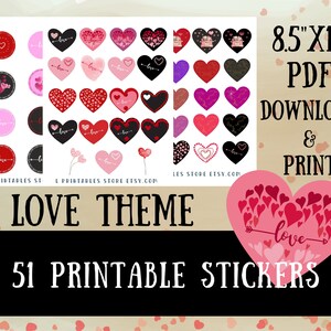 Calcomanías imprimibles, 51 calcomanías con temas de Amor, muchas calcomanías de corazones, Hojas de calcomanías impresas en casa, PDF tamaño Carta de EE. UU., Descarga instantánea,