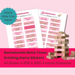 Block Tower Drinking Game Stickers | Bachelorette Party Game Printable | Hen Party Fun + Bonus Bride Trivia