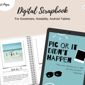 Könnte beinhalten: Eine digitale Scrapbook-Vorlage für Goodnotes, Notability und Android-Tablets. Das Cover zeigt einen blauen Hintergrund mit weißem Text, der "Pic or it didn't happen" lautet. Der Text ist in einer fetten, verspielten Schriftart gehalten. Es gibt einen schwarz-weißen Fotorahmen mit einer weißen Sonne und Wolken im Hintergrund. Der Text "The true adventure is the journey within" ist in schwarzer Schrift unter dem Fotorahmen geschrieben. Das Zitat wird "Unknown" zugeschrieben.