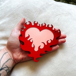 Pink & Red Flame Heart Mirror - Magnet SINGLE