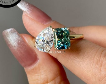 3.50 CT Pear And Cyan Blue Radiant Cut Moissanite Engagement Ring Vintage Ring 18K Gold Ring Dainty Ring Toi Et Moi Ring Two Stone Ring