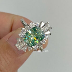 2.0 CT Green Elongated Cushion Moissanite Engagement Ring Starburst Wedding Ring 18K White Gold Ring Unique Classic Anniversary Ring Gift