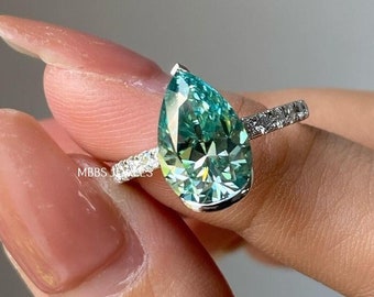 2.80 CT Pear Blue Green Moissanite Engagement Ring Wedding Ring Cyan Blue Moissanite Ring Pave Vintage Ring for Women Anniversary Gift Ring
