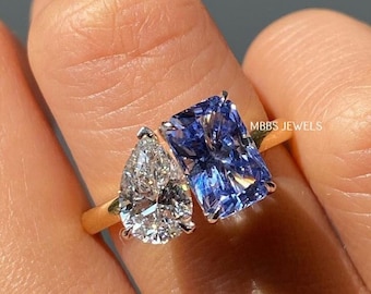5.60 TCW Pear And Blue Radiant Cut Simulated Stone Engagement Vintage Ring 18K Gold Ring Two Stone Ring Dainty Ring Toi Et Moi Ring For Her