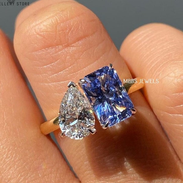 5.60 TCW Pear And Blue Radiant Cut Simulated Stone Engagement Vintage Ring 18K Gold Ring Two Stone Ring Dainty Ring Toi Et Moi Ring For Her