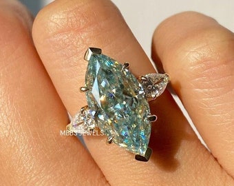 Cyan Blue Moissanite Engagement Ring, Marquise Cut 18K Gold, Vintage Style