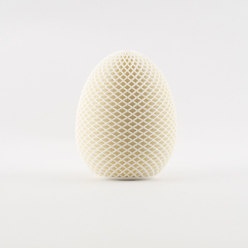 May include: A white egg-shaped object with a geometric pattern of intersecting lines.