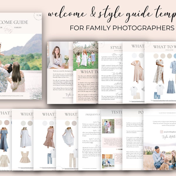 Welkomst- en stijlgids voor familiefotografie, Canva-sjabloon voor fotografiegids, voorbereidingsgids voor familiesessie, stijlgids voor wat u moet dragen, fotografie