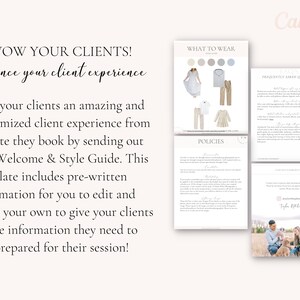 May include: A welcome and style guide for clients, with sections on what to wear, policies, and frequently asked questions. The guide includes a photo of a couple and their dog in a field.