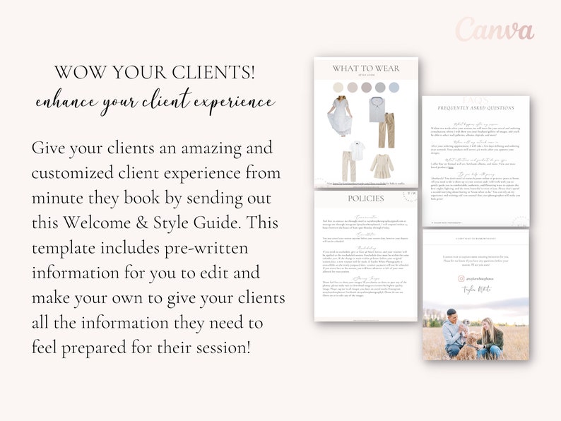 May include: A welcome and style guide for clients, with sections on what to wear, policies, and frequently asked questions. The guide includes a photo of a couple and their dog in a field.