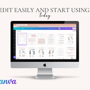 May include: A computer screen displaying a Canva design template for a family welcome guide. The template includes sections for "Little Details", "Color Palette", "What to Wear", "Welcome Message", and "Wedding Details".