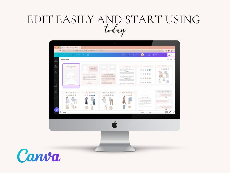 May include: A computer screen displaying a Canva design template for a family welcome guide. The template includes sections for "Little Details", "Color Palette", "What to Wear", "Welcome Message", and "Wedding Details".