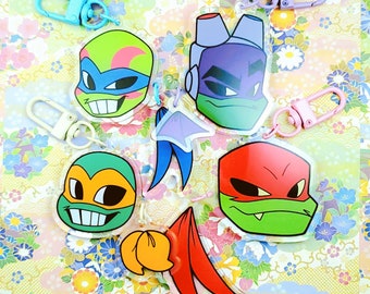ROTTMNT Heads with Tail Dangles | Raph Leo Donnie Mikey | Turtle | Acrylic Keychain Charm Connections Two Piece