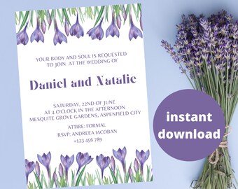 Crocus Sativus Saffron Flower Wedding Invitation Template, Editable Printable Customizable, Instant Download Canva, Diy Digital Product