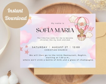 Pink Hot Air Balloon Christening invitation for Baby Girl ,Editable Printable Customizable ,Instant Download, Canva Template Digital Product