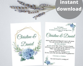 Wedding Invitation Delicate Blue Hortensia Floral,Customizable Instant Download, Canva Template ,Diy Digital Product