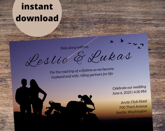 Motorcycle Riders Couple Wedding Invitation Template, Editable Printable Customizable, Instant Download Canva, Diy Digital Product Custom