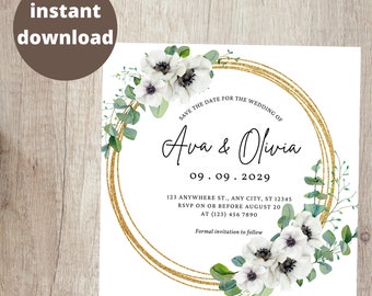 White Poppy Flower Wedding Invitation Template, Golden Wreath leaves, Editable Printable Customizable, Instant Download, Diy Digital Product