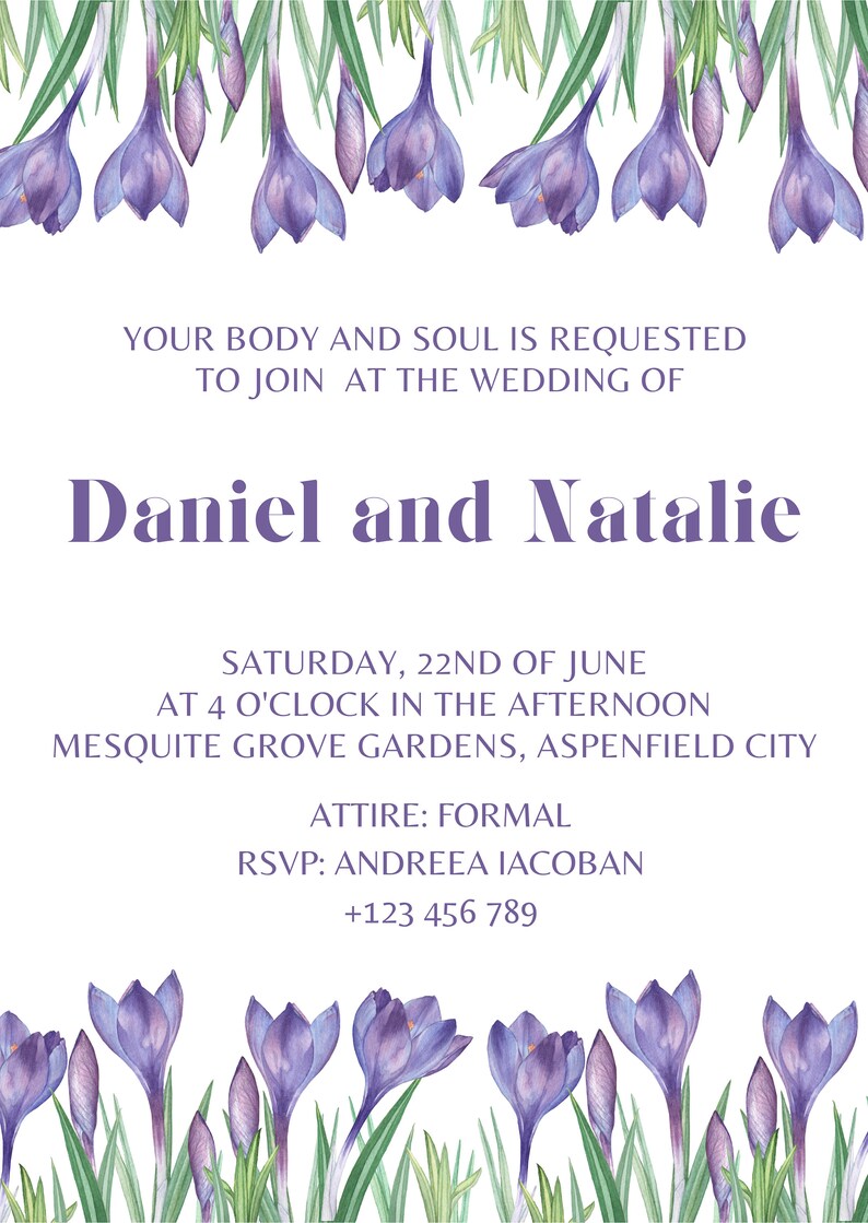 Crocus Sativus Saffron Flower Wedding Invitation Template Etsy