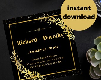 Luxurious Gold Wedding Invitation Template , Editable Printable Customizable, Instant Download Canva, Diy Digital Product Custom