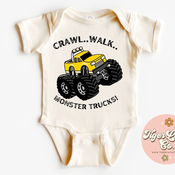 Crawl Walk Monster Trucks Baby Onesies® - Cute, Monster Truck, Truck Rally, Baby Bodysuit One-piece Romper Shirt