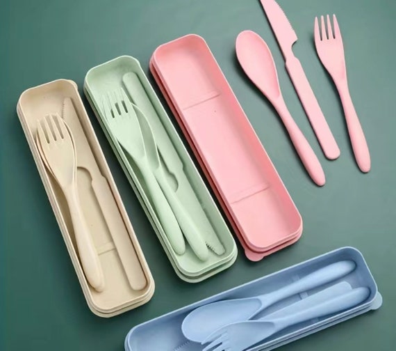 3 in 1 Plastic Reusable Cutlery, Utensils Set With Case, Camping or Travel  Utensil, Eco Friendly. Pink/blue/green/beige 