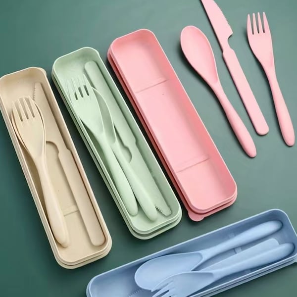 3 in 1 Plastic Reusable Cutlery, Utensils Set With Case, Camping Or Travel Utensil, Eco Friendly. Pink/Blue/Green/Beige