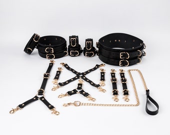 16 Piece BDSM Restraint Set, Different Color and Hardware Options, Waist Belt and Thigh Cuffs, Real Cowhide Leather.