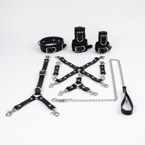 Ensemble de retenue BDSM, poignet en cuir de vachette, poignets de cheville Collier de retenue avec ceinture arrière et laisse, deux, trois, connecteur à quatre voies, kit de 11 pièces image 7