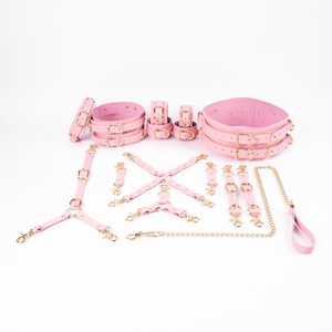 Fesselset aus italienischem Leder – Manschetten und Gürtel aus rosa Rindsleder 16 Piece Set